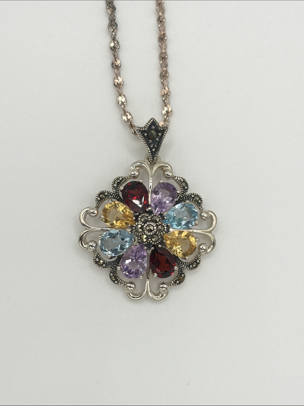 Sterling Silver 925 Multicolor Gemstone Flower Pendant Necklace 22“ chain